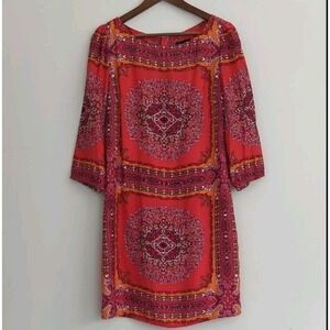 Laundry Shelli Segal Women's 3/4 Sleeve Scarf Print Mini Shift‎ Red Pink Size 8